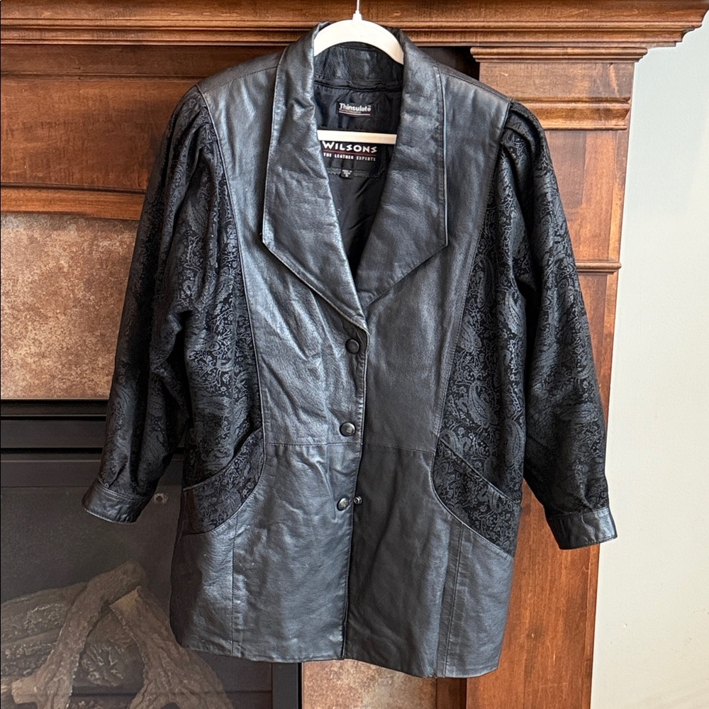 Wilson black leather jacket paisley burnout 80s 90s Whimsigoth dark romantic S